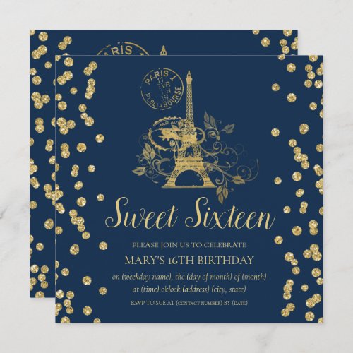 Gold Sweet Sixteen Paris Glitter Confetti Navy Blu Invitation