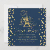 Gold Sweet Sixteen Paris Glitter Confetti Navy Blu Invitation (Front)