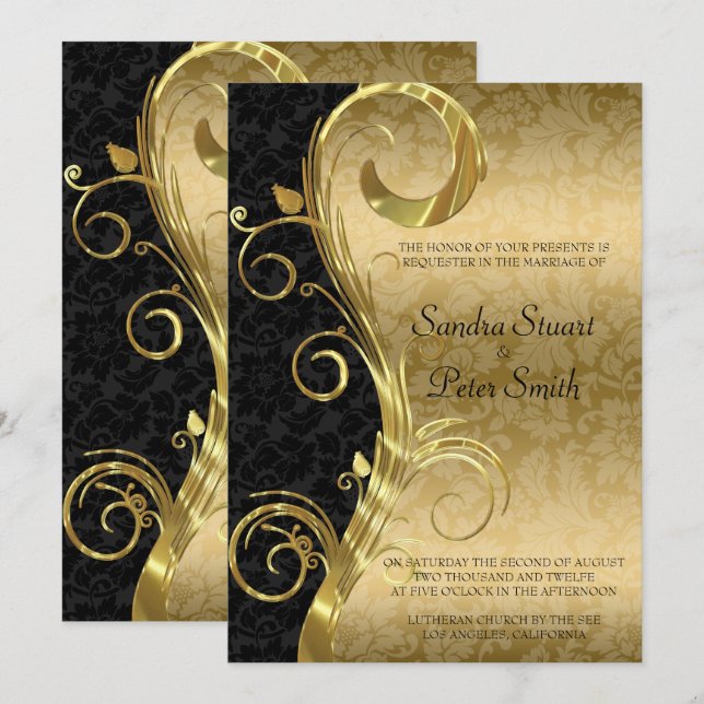 Gold Swirl And Gold Black Damask Wedding Invitation (Front/Back)