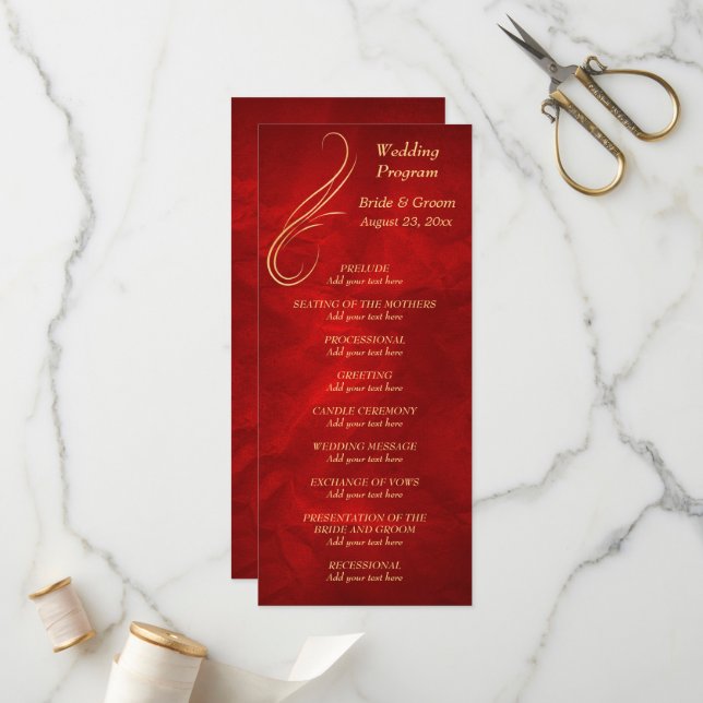 Gold Swirl Bright Red Wedding Program (Front/Back In Situ)
