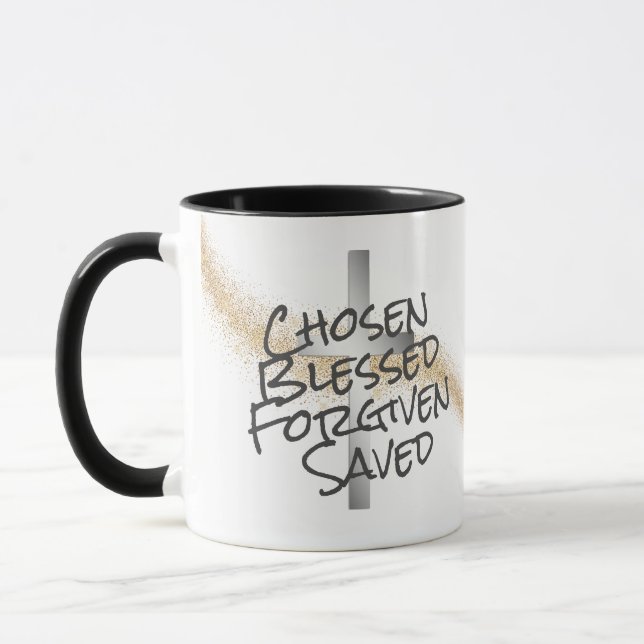 Gold Swirl Confetti Silver Cross Christian Mug (Left)