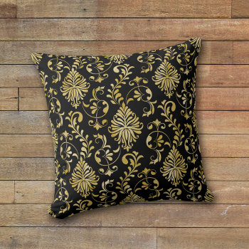 Gold Swirl Damask Pattern On Black Throw Pillow by AvenueCentral at Zazzle