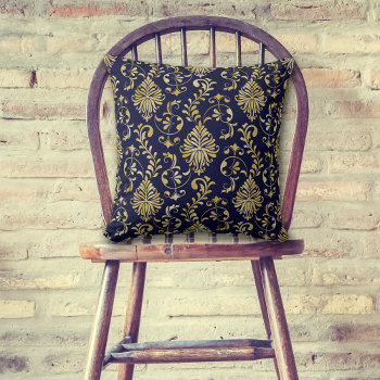 Gold Swirl Damask Pattern On Blue Throw Pillow by AvenueCentral at Zazzle