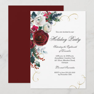 Gold Swirl Festive Floral Christmas Party Invitation