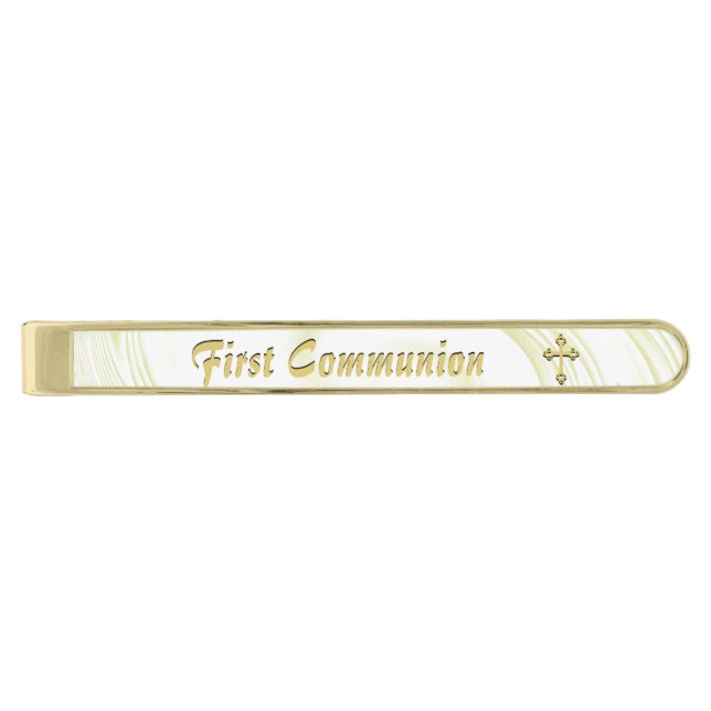Gold Swirl FIRST COMMUNION with CROSS Gold Finish Tie Clip (Front)