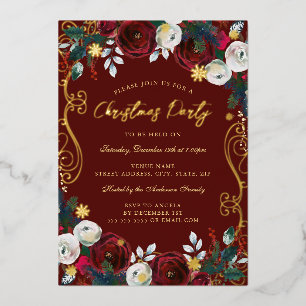 Gold Swirl Floral Red Green Christmas Party  Foil Invitation