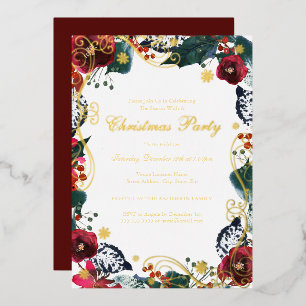 Gold Swirl Floral Red Green Christmas Party Foil Invitation
