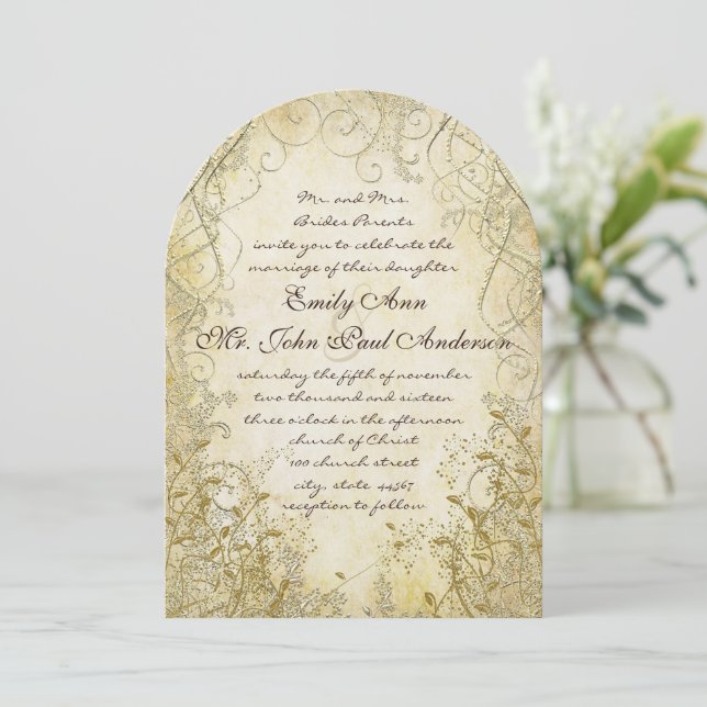 Gold Swirl Gold Metallic Wedding Invitations (Standing Front)
