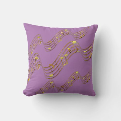 Gold Swirl Music Notes Purple Throw Pillow