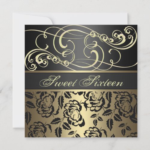 Gold Swirl &amp; Rose Sweet 16th Birthday Invitation