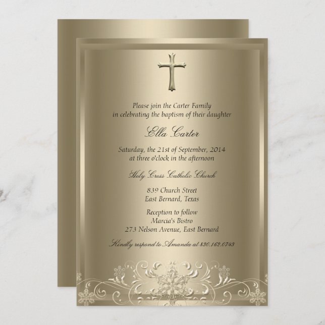 Gold Swirl Snowflake & Cross Girl Baptism Invite (Front/Back)