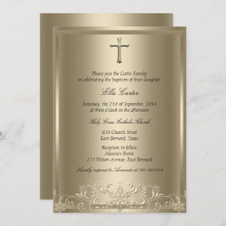 Gold Swirl Snowflake & Cross Girl Baptism Invite