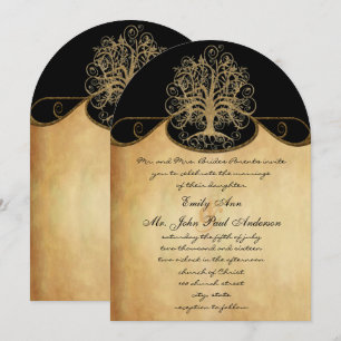 Gold Swirl Tree Gold & Black Metallic Wedding Invitation