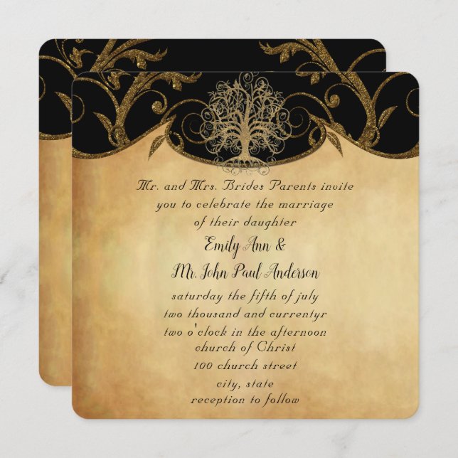 Gold Swirl Tree Gold & Black Metallic Wedding Invitation (Front/Back)