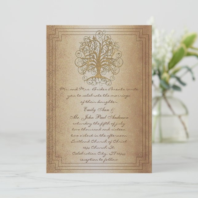 Gold Swirl Tree Gold Wedding Invitation (Standing Front)