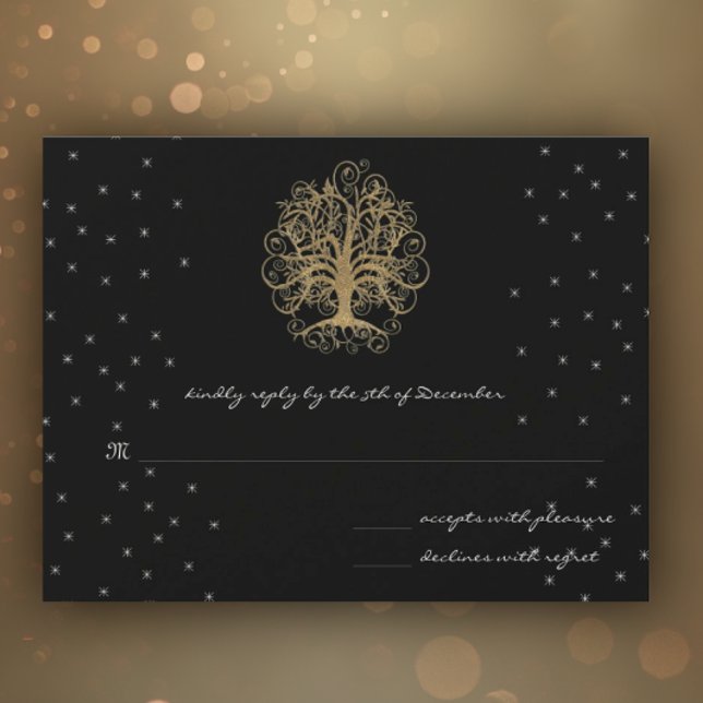 Gold Swirl Tree on Black Metallic Wedding RSVP (Creator Uploaded)