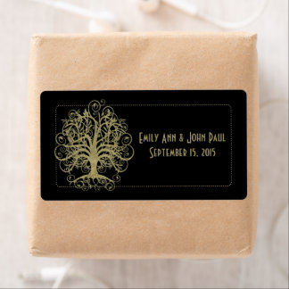 Gold Swirl Tree on Black with Dots Save the Date Label