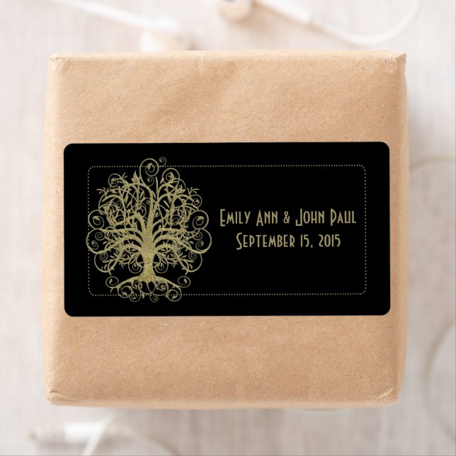 Gold Swirl Tree on Black with Dots Save the Date Label (Insitu)