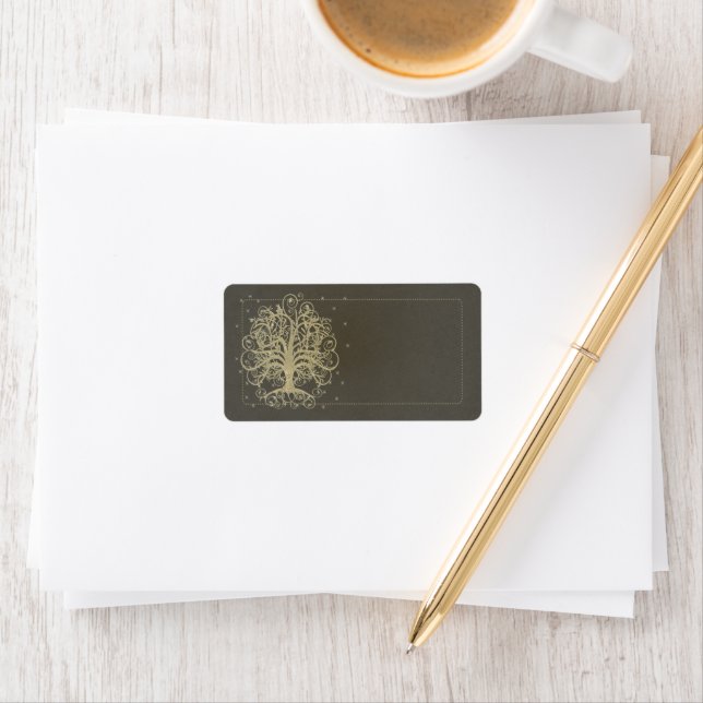 Gold Swirl Tree on Black with Stars Address Label (Insitu)