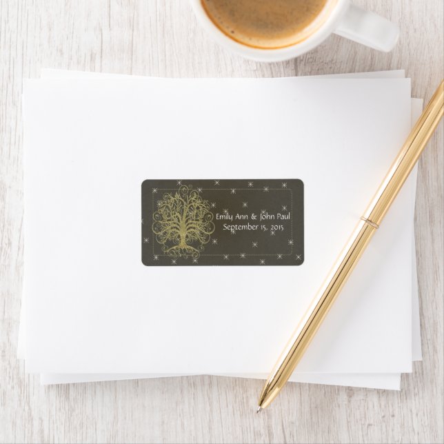 Gold Swirl Tree on Black with Stars Save the Date Label (Insitu)