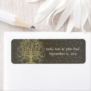 Gold Swirl Tree on Black with Stars Save the Date Label