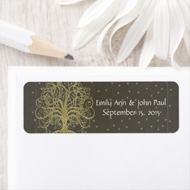 Gold Swirl Tree on Black with Stars Save the Date Label (Insitu)