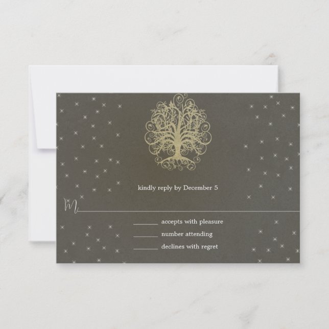 Gold Swirl Tree on Grey Wedding  Response Card #4 (Front)
