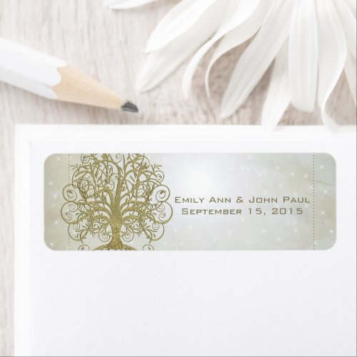 Gold Swirl Tree on Stone with Stars Save the Date Label