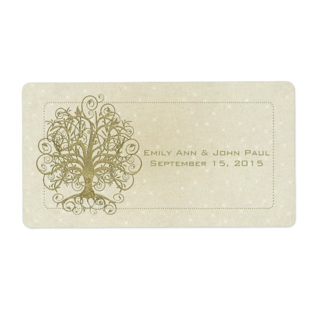 Gold Swirl Tree on Stone with Stars Save the Date Label (Front)