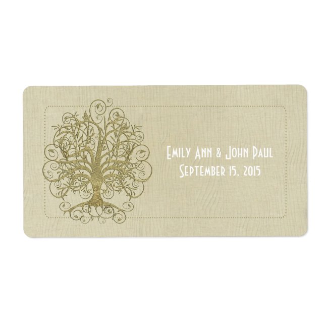 Gold Swirl Tree on Wood Grain Dots Save the Date Label (Front)