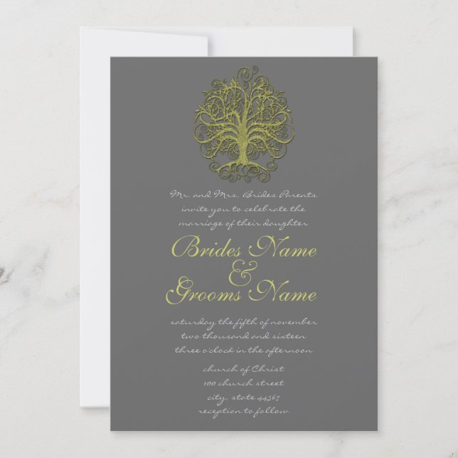 Gold Swirl Tree Roots of Love Wedding Invitation (Front)