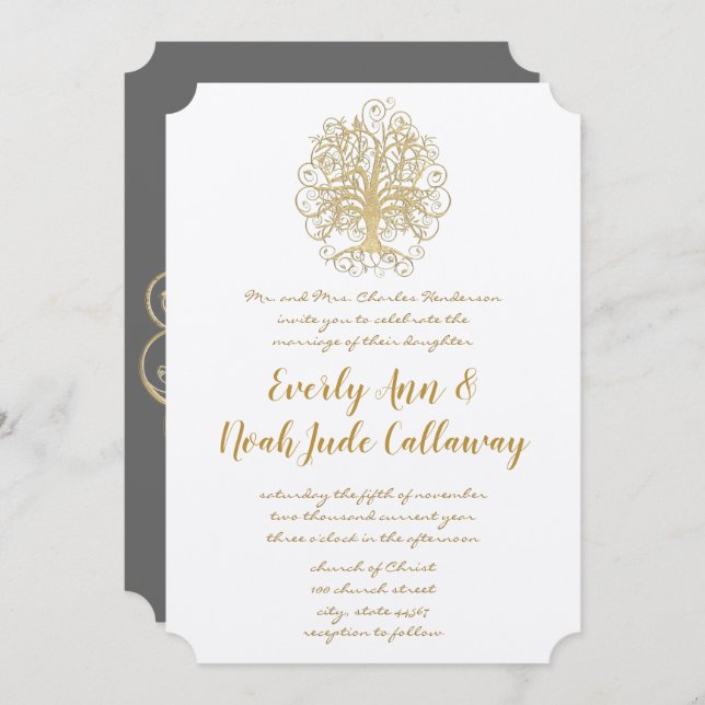 Gold Swirl Tree Roots of Love Wedding Invitation (Front/Back)