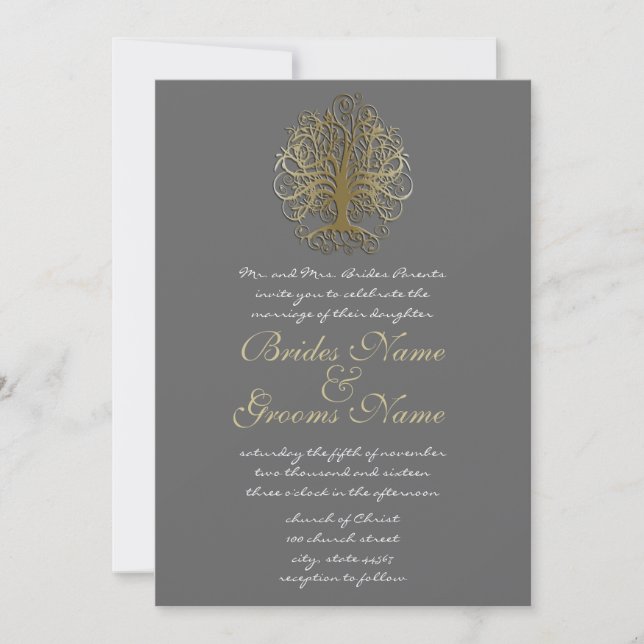 Gold Swirl Tree Roots of Love Wedding Invitation 2 (Front)