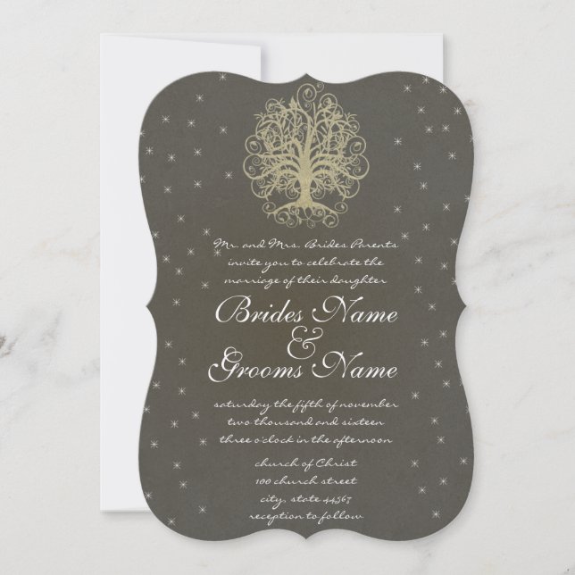 Gold Swirl Tree Roots of Love Wedding Invite #4 (Front)