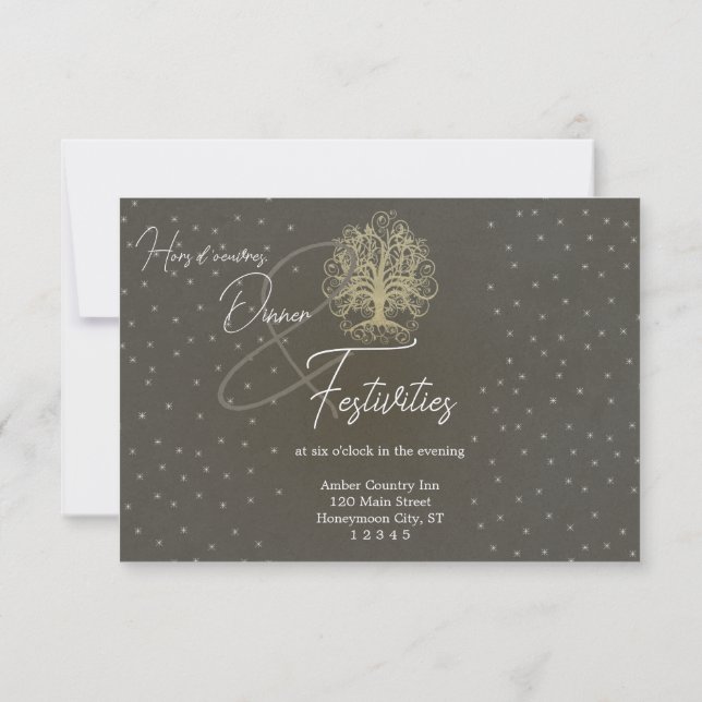 Gold Swirl Tree Stars Wedding  Reception Card (Back)