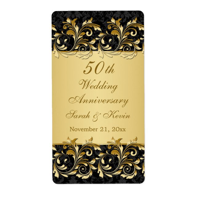 Gold swirls 50th Wedding Anniversary Wine Label (Front)