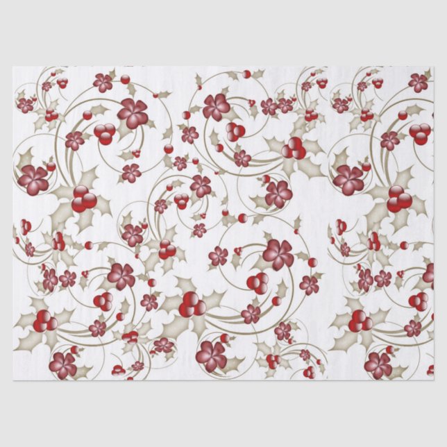 Gold Swirls and Burgundy Holly On White  Tissue Pa Paper (Front)