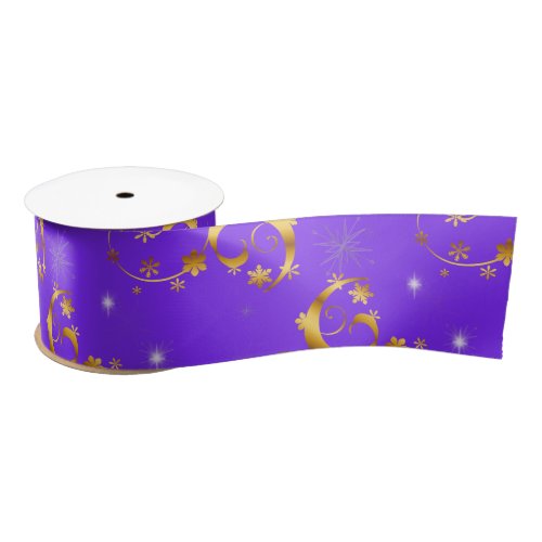 Gold Swirls and Stars Purple Christmas Satin Ribbon