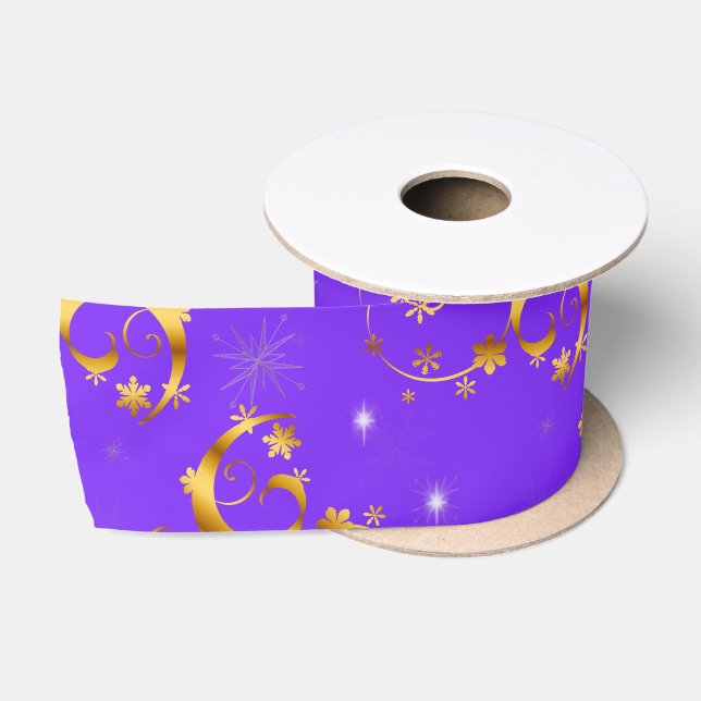 Gold Swirls and Stars Purple Christmas Satin Ribbon (Spool)