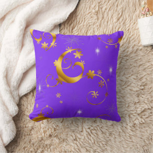 Gold Swirls and Stars Purple Christmas Throw Pillow