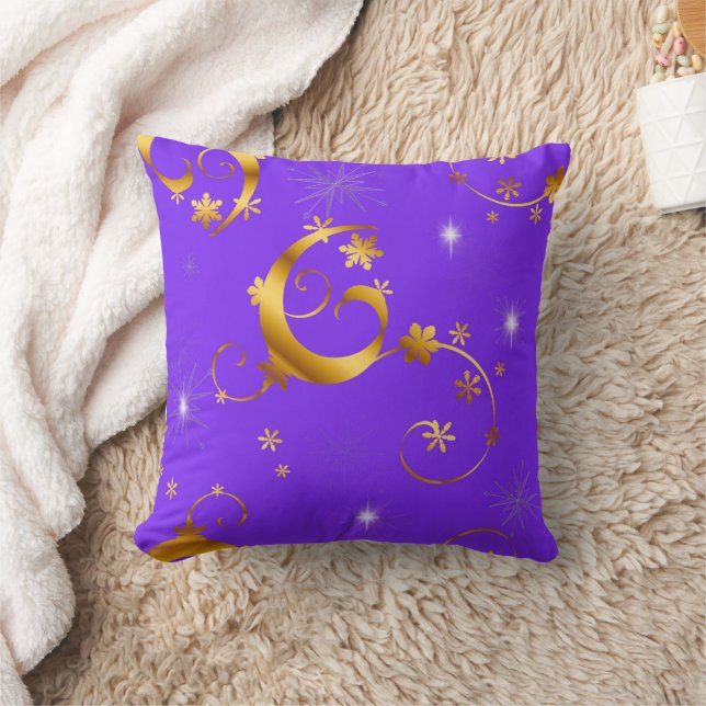 Gold Swirls and Stars Purple Christmas Throw Pillow (Blanket)