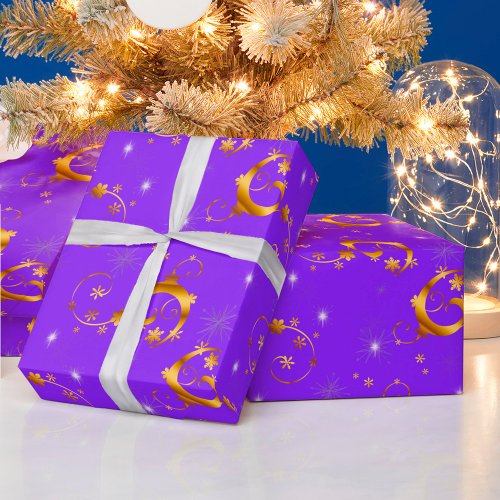 Gold Swirls and Stars Purple Christmas Wrapping Paper