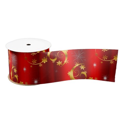 Gold Swirls and Stars Red Christmas Satin Ribbon