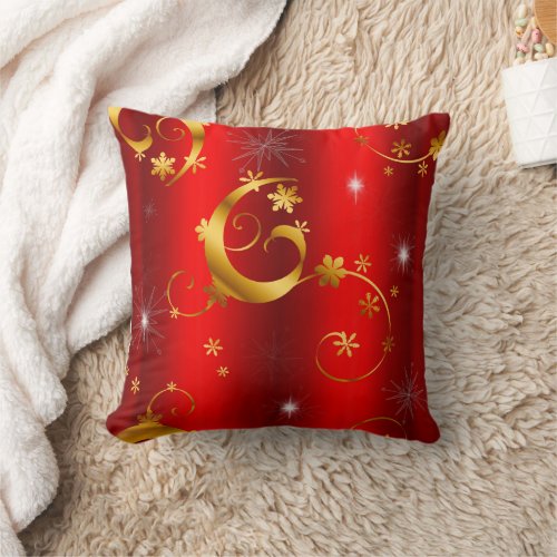 Gold Swirls and Stars Red Christmas Throw Pillow