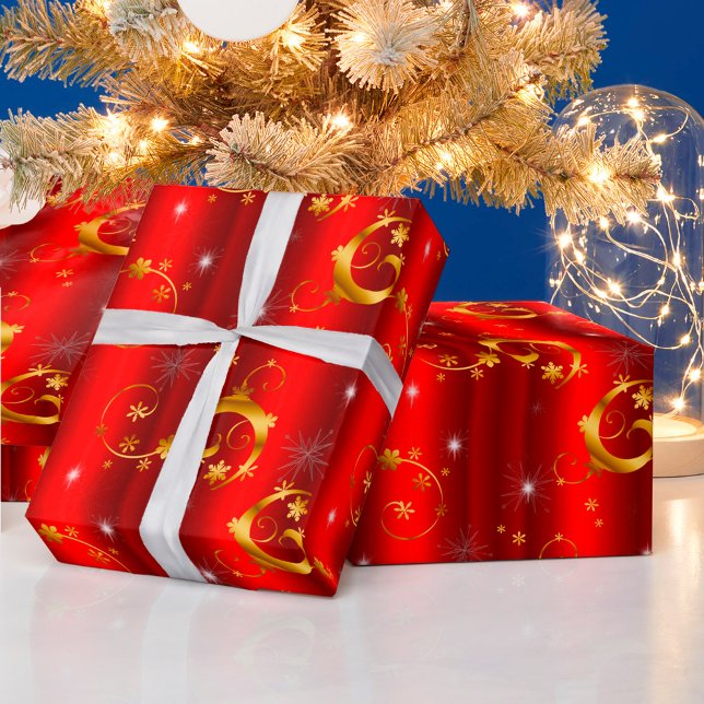 Gold Swirls and Stars Red Christmas Wrapping Paper (Creator Uploaded)