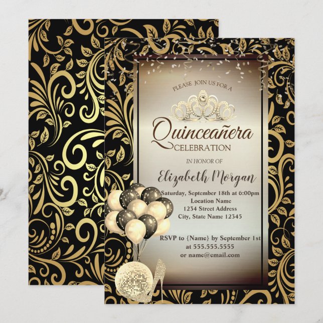 Gold Swirls,Balloons,High Heels,Tiara Quinceañera Invitation (Front/Back)
