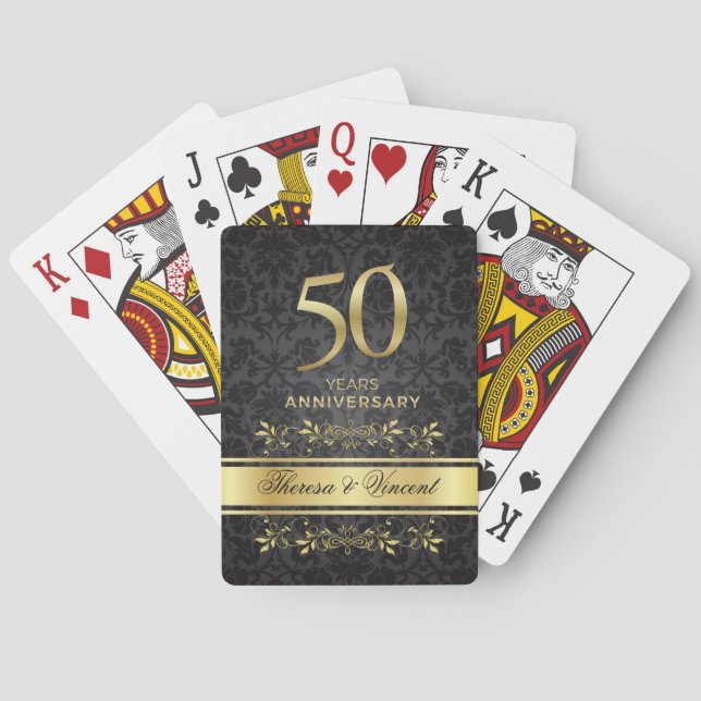 Gold Swirls Black Damask 50 Wedding Anniversary Poker Cards (Back)