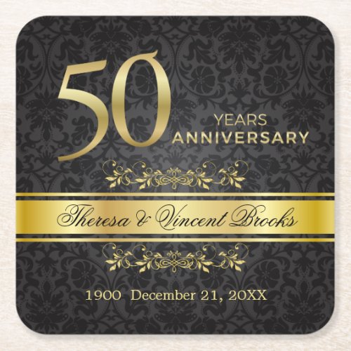 Gold Swirls Black Damask 50 Wedding Anniversary Square Paper Coaster