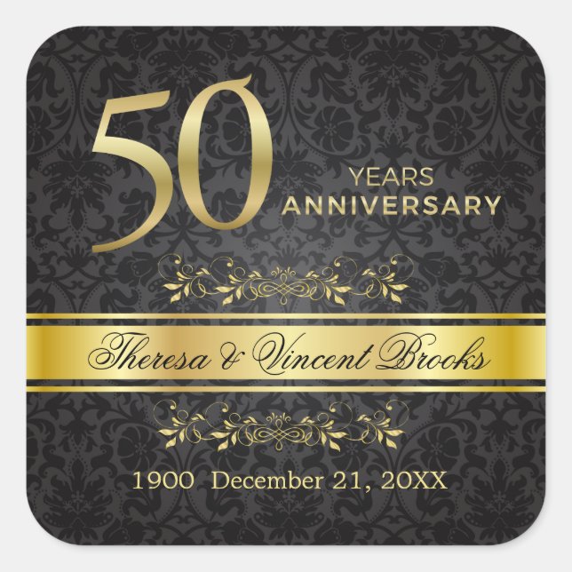 Gold Swirls Black Damask 50 Wedding Anniversary  Square Sticker (Front)