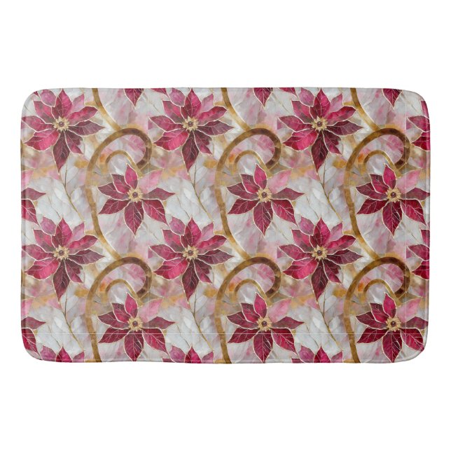 Gold Swirls Burgundy Pink Christmas Poinsettias Bath Mat (Front)